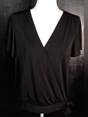 INC International Concepts Black V-Neck Tunic Top - Size L - Side Tie Hem